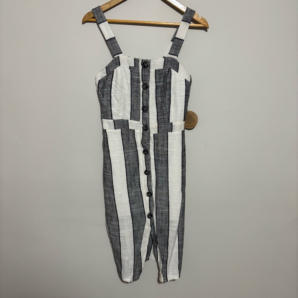 URBAN Romantics Sleeveless Button Down Linen Black/White Striped Midi Dress. NEW